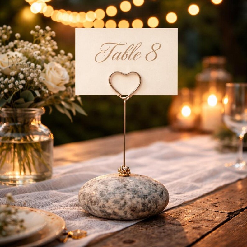May include: A wedding table number holder with a heart-shaped wire and a stone base. The card reads "Table 8" in elegant script. The setting includes flowers, candles, and a rustic wooden table, creating a romantic ambiance.