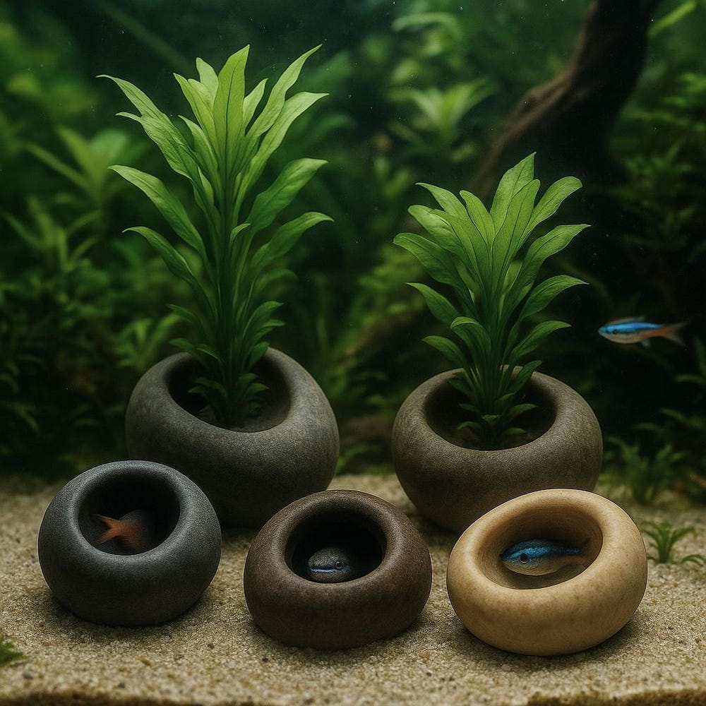Handmade Mini Stone Aquarium Plant Holder – Natural River Pebble Pot | Random Unique Miniature Driftwood Terrarium Decor