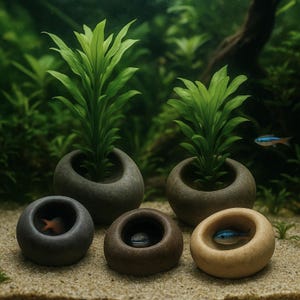May include: An aquarium scene with several small, round, stone-like planters. Some planters contain vibrant green plants, while others house small fish. The planters are various shades of grey and brown, set against a sandy background.