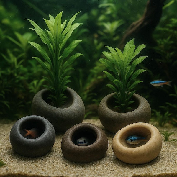 Mini macetero de piedra para acuario hecho a mano: Maceta de guijarros de río naturales / Decoración de terrario en miniatura de madera flotante única y aleatoria