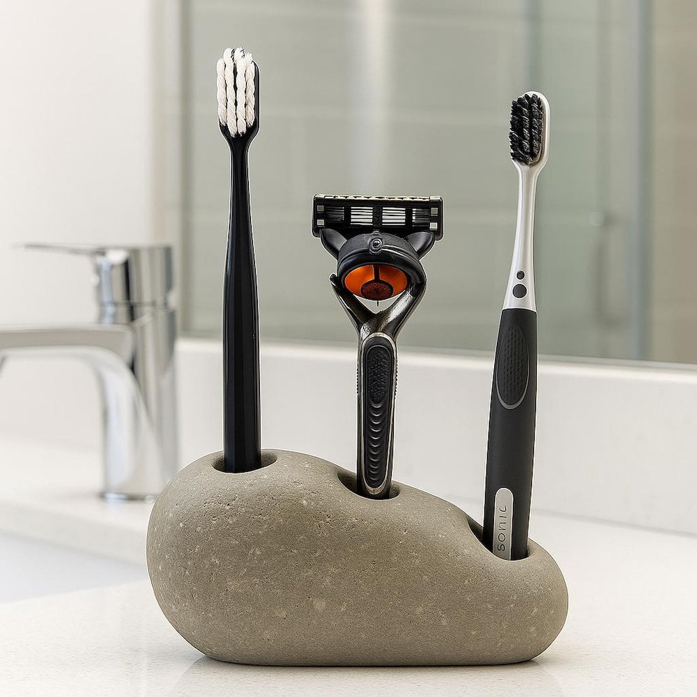 Three-Hole River Stone Toothbrush and Razor Holder