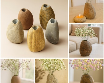 Mini jarrón de piedra de río, soporte para flores de guijarros naturales, decoración Wabi Sabi, jarrón rústico de piedra, jarrón de roca hecho a mano, decoración única para el hogar