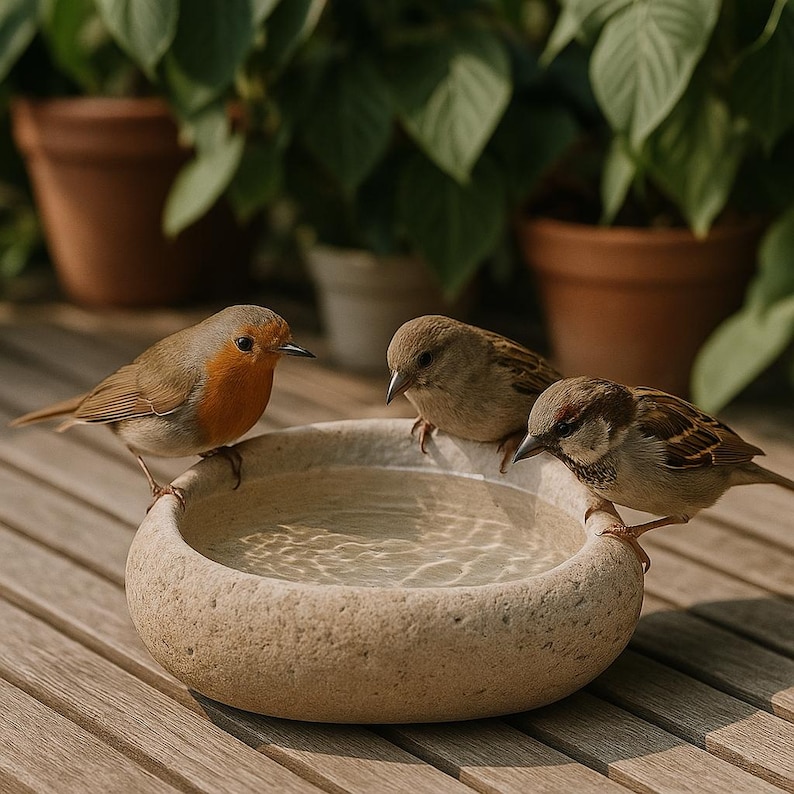 May include: A round, light beige stone bird bath filled with clear water. Three small birds are perched on the rim of the basin: one European robin with a bright orange breast and two brown and tan sparrows with dark streaks on their wings.