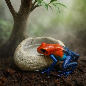 May include: A colourful poison dart frog with a red head and back, blue legs and sides, and a turquoise patch, beside a stone water bowl. The frog is on dark brown soil, with a blurred tree and foliage behind.