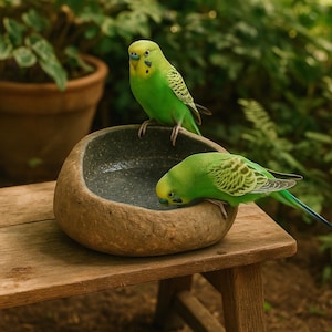 May include: Two green parakeets perched near a stone bird bath on a wooden bench. One parakeet is standing upright, while the other is leaning down. The birds have yellow heads and green bodies with black markings. The bird bath is oval-shaped and filled with water.