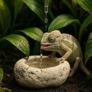 May include: A close-up of a chameleon drinking water from a stone bowl. The chameleon is light green with brown spots and its tongue is extended to catch the water droplets. The bowl is filled with water and surrounded by green leaves.