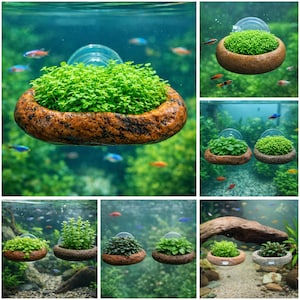 May include: Floating aquarium plant holders with green plants and a textured, brown rim. The holders are attached to the aquarium glass with suction cups. The background shows colorful fish and aquatic plants.