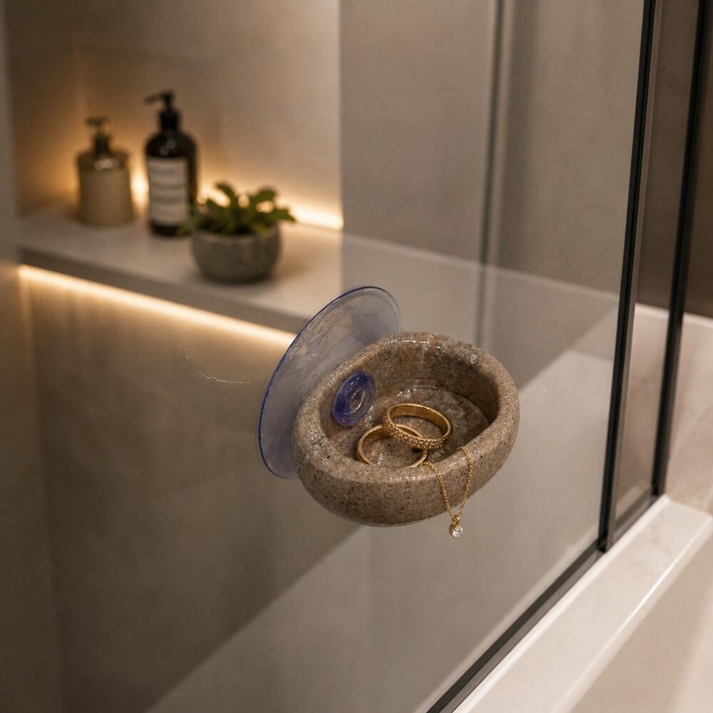 Ring Holder Bathroom, Stone Jewelry Holder, Natural Pebble Ring Dish, Suction Cup Holder for Shower, Small Necklace Organizer
