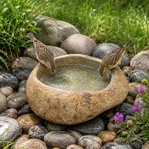 Peut inclure: Un bain d'oiseaux en pierre naturelle avec un centre lisse et creusé rempli d'eau claire. Deux petits oiseaux aux rayures brunes et fauves sont perchés sur le bord de la pierre et boivent dans le bassin. Le bassin est entouré de galets lisses.