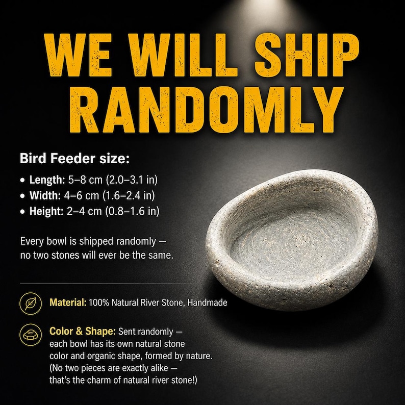 May include: A small, gray, oval-shaped bird feeder bowl carved from natural river stone. The bowl has a smooth, concave interior and a textured exterior. Text on the image indicates dimensions of 5-8 cm length, 4-6 cm width, and 2-4 cm height.