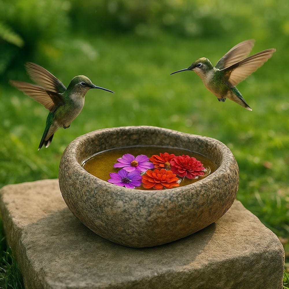 Natural Stone Hummingbird Bath and Feeder Bowl – Handmade River Pebble Bird Bath | Garden Decor | Outdoor Bird Water Dish
