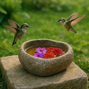 May include: Two green hummingbirds hover near a stone bird bath filled with water and colourful flowers. The bird bath sits on a stone surface, with a blurred green background.