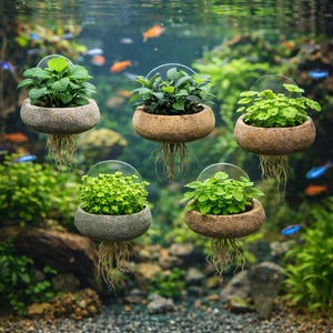 May include: Five small, round, stone-like planters with green plants suspended in water. Each planter has a clear, arched handle and visible roots. The background features an underwater scene with fish and aquatic plants.