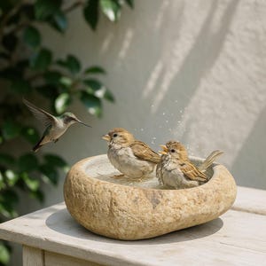 May include: A natural stone bird bath with a shallow basin containing water. Two small brown sparrows are standing inside the water, while a hummingbird with green and grey feathers hovers in the air to the left of the stone basin.