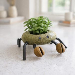 May include: A unique crab-shaped planter with a small green plant. The planter is made of a speckled, olive-green material with black metal legs and wooden-looking claws. The crab has two blue eyes and holds a small, leafy plant.