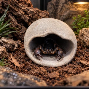 Könnte beinhalten: Ein dunkelbrauner Skorpion mit großen Scheren, der sich in einem glatten, hellgrauen, kuppelförmigen Steinversteck befindet. Der Skorpion ist nach vorne gerichtet, wobei sein segmentierter Körper und sein Schwanz in der Höhlung sichtbar sind.