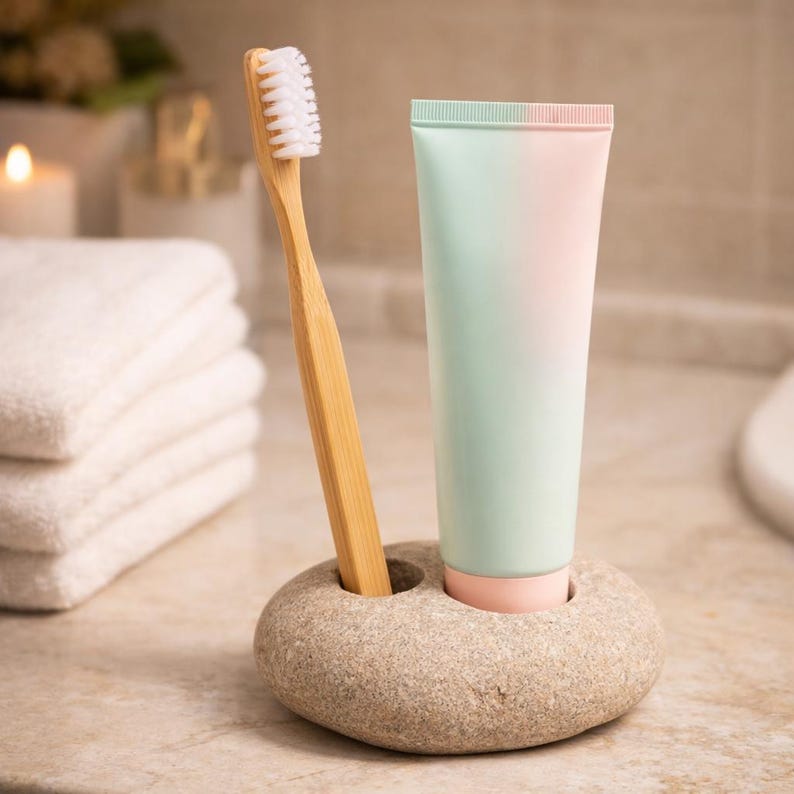 Puede incluir: Un soporte de piedra para cepillo de dientes con un cepillo de dientes de bamb&uacute; y un tubo de pasta de dientes. El tubo de pasta de dientes tiene un degradado de verde claro a rosa. El cepillo tiene cerdas blancas.
