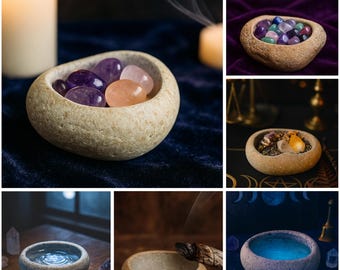 Cuenco ritual de piedra de río artesanal: miniplato de agua lunar, cristal y ofrendas / Herramienta de altar de brujería / Decoración espiritual pagana wiccana