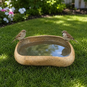 May include: A low, tan, stone-textured bird bath basin filled with clear water. Two small brown and grey sparrows are perched on opposite sides of the rim, facing inward toward the center of the basin, which reflects the surrounding environment.