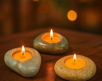 Portavelas de piedra natural – Candelabro de piedra de río – Decoración zen para el hogar – Vela de spa – Decoración minimalista de mesa – Pieza única al azar
