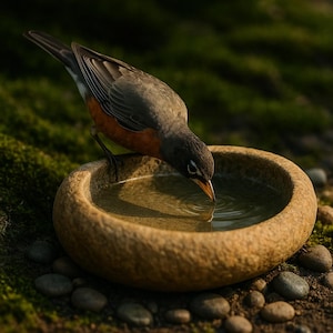 May include: A small bird with dark gray wings and a vibrant orange breast drinking water from a round, textured, tan stone basin. The bird has a white ring around its eye and a sharp, pointed beak that touches the surface of the clear water.