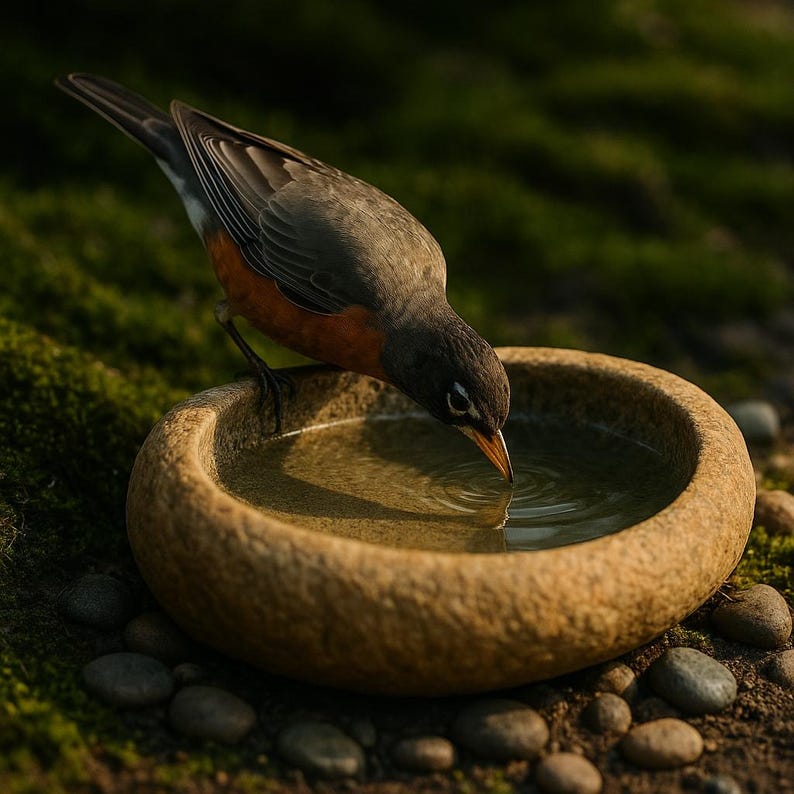 May include: A small bird with dark gray wings and a vibrant orange breast drinking water from a round, textured, tan stone basin. The bird has a white ring around its eye and a sharp, pointed beak that touches the surface of the clear water.