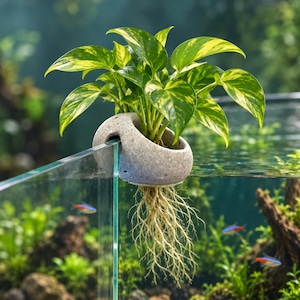 May include: A gray, stone-like, semi-circular planter hooked over the edge of a glass aquarium. A green and yellow variegated pothos plant grows from the top, with long, pale roots dangling into the water below among small fish.
