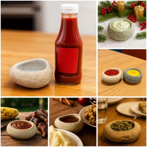May include: A collection of stone serving bowls and a ketchup bottle. The bowls are filled with various sauces and dips, including ketchup, mustard, and a green herb dip. The ketchup bottle has a white cap and a red label.