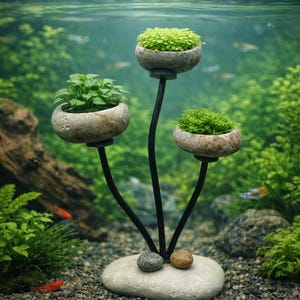 Op de afbeelding: Een decoratieve aquariumplantenstandaard met drie stenen kommen met groene planten. De standaard heeft een zwarte metalen steel en staat op een grote, platte steen. De achtergrond toont een onderwaterlandschap met planten en vissen.