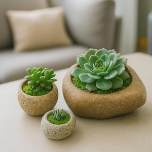 May include: Three small succulent plants in stone-like pots. The succulents are green and surrounded by green moss. The pots are in varying sizes and have a natural, earthy appearance. The background is blurred, suggesting an indoor setting.