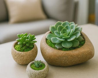 Natural Stone Planter Set – 3 Handmade River Rock Pots | Mini Plant Pots | Indoor Planter Set | Stone Flower Pot | Home & Garden Decor