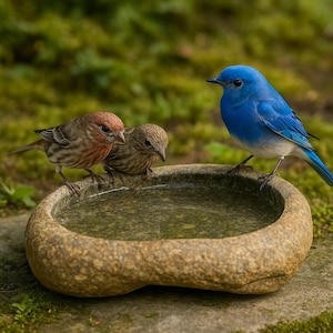May include: A stone bird bath with water, hosting three small birds. Two have brown and reddish-brown plumage, and one is a bright blue. The bird bath is light brown, resting on a mossy surface, creating a natural scene.