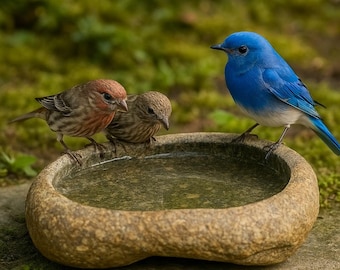 Natuurstenen badkom met vogel – Handgemaakt rivierkiezelvogelbad | Buitentuindecor en klein betonnen vogelbadje