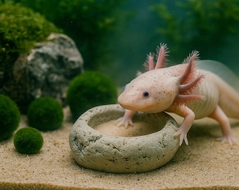 May include: A close-up of a light pink axolotl with feathery gills, standing next to a stone bowl filled with sand. The axolotl is in an aquarium with green plants and moss balls in the background.