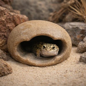 May include: A leopard gecko with yellow and black spotted skin resting inside a smooth, tan, dome-shaped rock hide. The reptile is positioned centrally within the opening of the stone structure, which features a natural, rounded exterior texture.