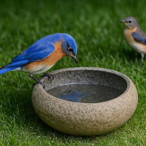 May include: A small, round, stone-textured bird bath bowl filled with water. A bright blue bird with an orange chest perches on the rim, looking down into the water, while a second, smaller, muted-colored bird stands nearby in the grass.