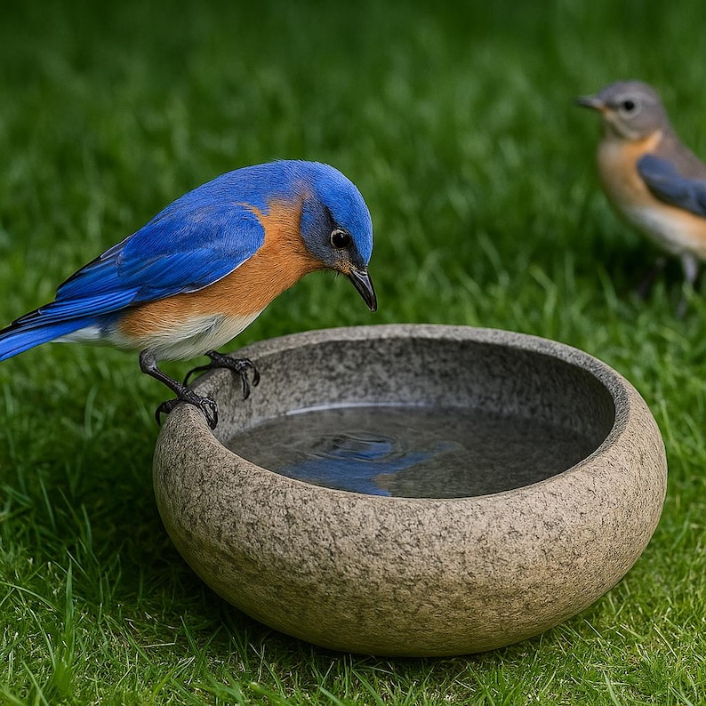 May include: A small, round, stone-textured bird bath bowl filled with water. A bright blue bird with an orange chest perches on the rim, looking down into the water, while a second, smaller, muted-colored bird stands nearby in the grass.