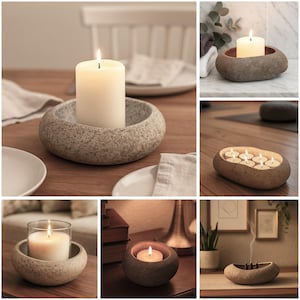 May include: A selection of stone candle holders in different shapes and sizes. The holders are beige and grey, with a textured finish. Some hold pillar candles, others tea lights, and one holds incense sticks. The candles are lit, creating a warm atmosphere.
