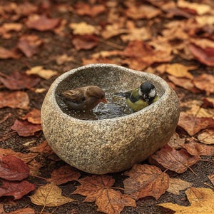 May include: A rounded, textured stone bird bath basin filled with water, containing two small birds. One bird has brown plumage with an orange beak, while the other is a great tit with a black head, white cheeks, and a yellow and green body.