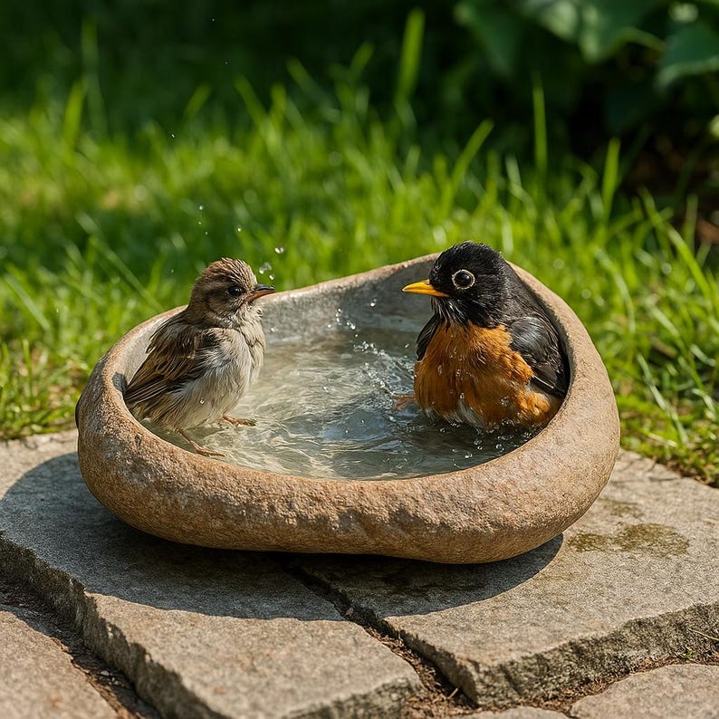 May include: A tan, stone-like bird bath basin filled with water. A small brown sparrow stands on the left edge, while a larger American robin with a black head, orange breast, and yellow beak sits in the water, creating small splashes.