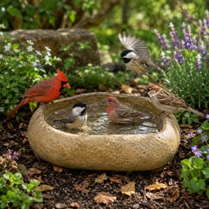 May include: A low, rounded stone birdbath with a textured, tan exterior filled with water. Four small birds are present: a bright red cardinal, a black-capped chickadee in the water, a reddish-brown finch, and a brown sparrow perched on the rim.