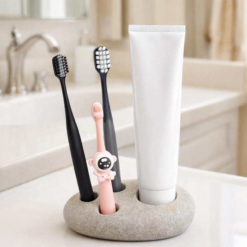 May include: A gray stone toothbrush holder with three toothbrushes and a tube of toothpaste. Two black toothbrushes and a pink toothbrush with a cartoon face are in the holder. The white toothpaste tube is upright.