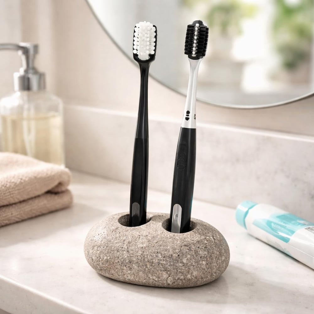 Double Pebble Toothbrush Holder, Natural Stone Stand for 2 Brushes, Handmade River Stone Bathroom Decor