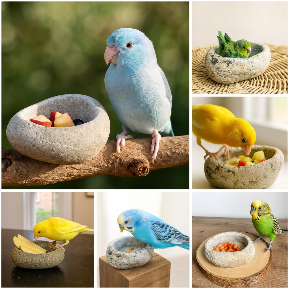Natural Stone Bird Bath and Fruit Dish for Small Birds | Finch, Canary, Parrotlet, Budgie | Mini Terrarium Bowl