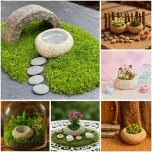 May include: A collection of miniature fairy garden scenes. Features a stone arch, a mossy landscape with a stone bowl, and a stone pathway. Other scenes include miniature plants, flowers, and accessories like tiny chairs and teacups.
