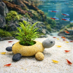 May include: A yellow stone turtle-shaped aquarium decoration with a green plant inside. The turtle has a gray head and black stone feet. Small fish of various colors swim in the background.