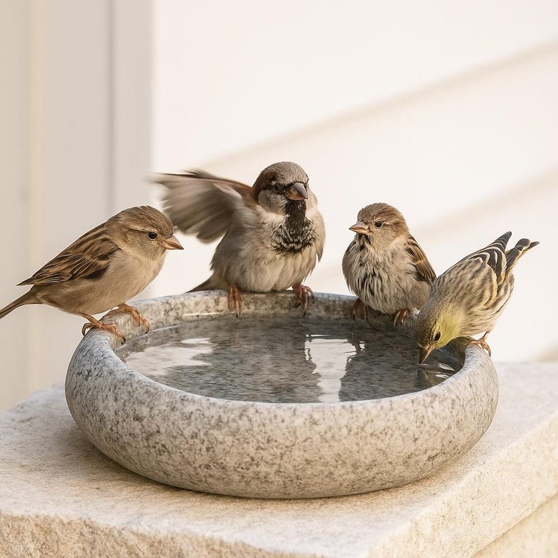 May include: A round, speckled gray stone birdbath filled with clear water. Four small birds with brown, tan, and yellow-streaked feathers are perched on the rim of the basin, with one bird spreading its wings while the others look toward the water.