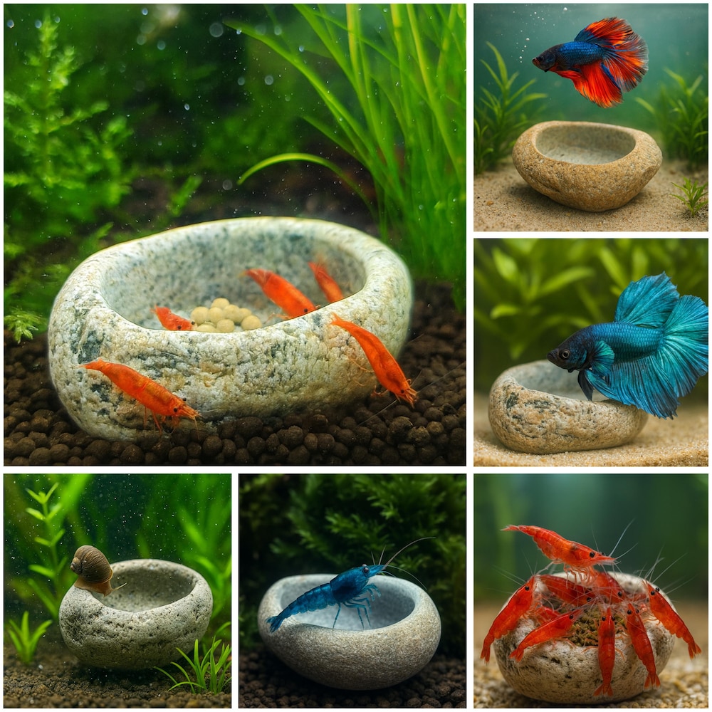 Aquarium Shrimp Cave Feeding Bowl | Betta Fish Dish | Natural River Stone | Snail Tank Decor Rock Bowl
