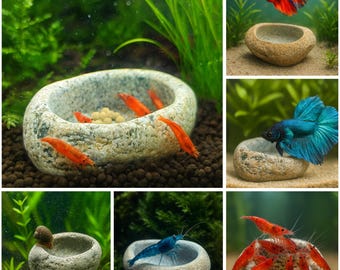 Aquarium Shrimp Cave Feeding Bowl | Betta Fish Dish | Natural River Stone | Snail Tank Decor Rock Bowl