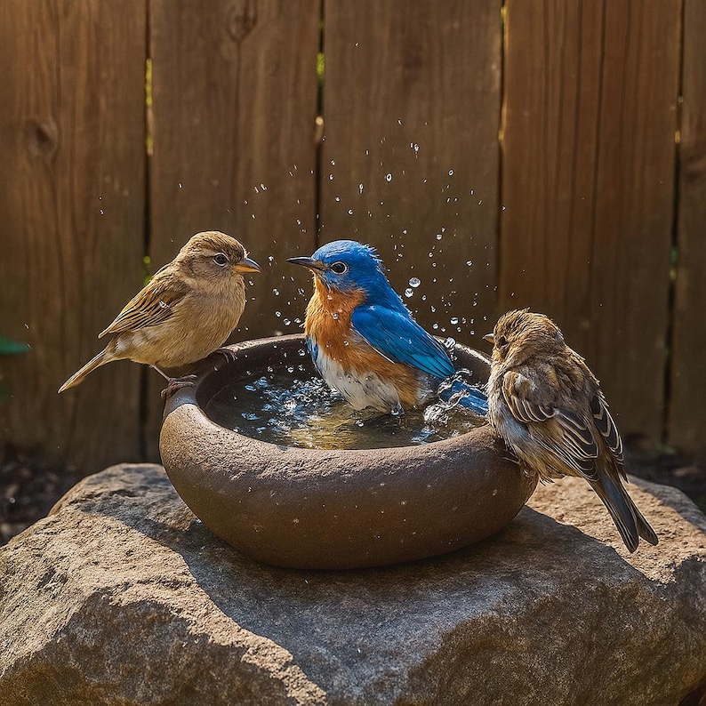 May include: A round, dark brown stone bird bath basin containing water. A bright blue and orange eastern bluebird is splashing in the center, while two small, brown, speckled sparrows perch on the rim of the basin, observing the activity.